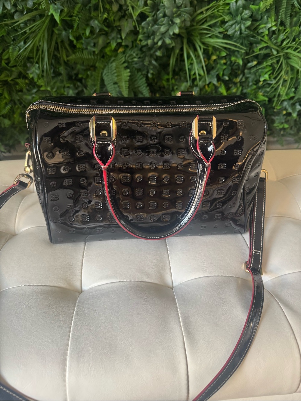 Arcadia Black Patent Shoulder Satchel with Red-Trim Handles